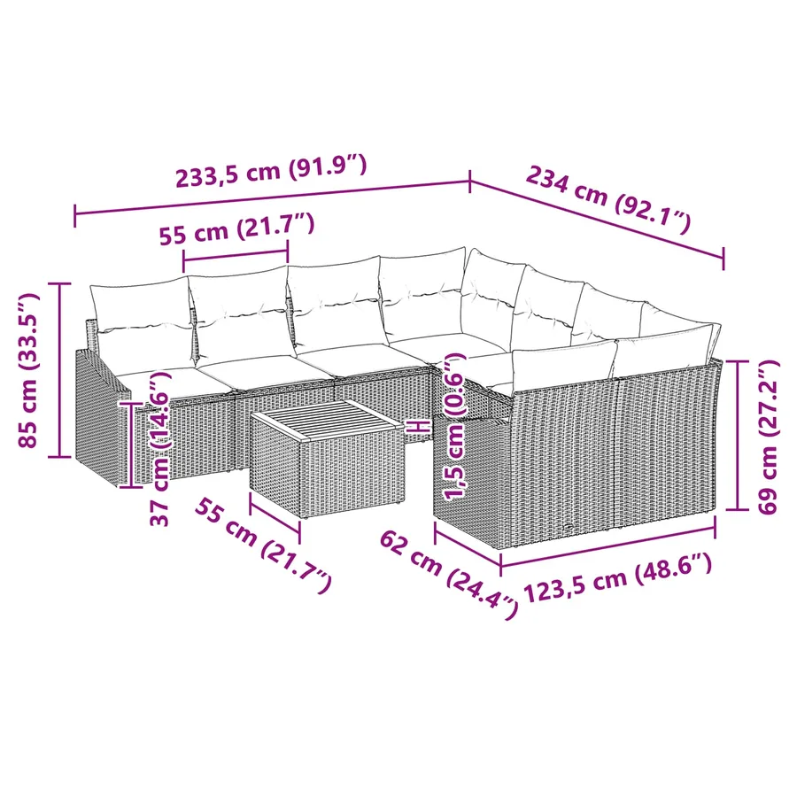 Ensemble de canapé de jardin 9 pcs Gris et bleu marine - 13