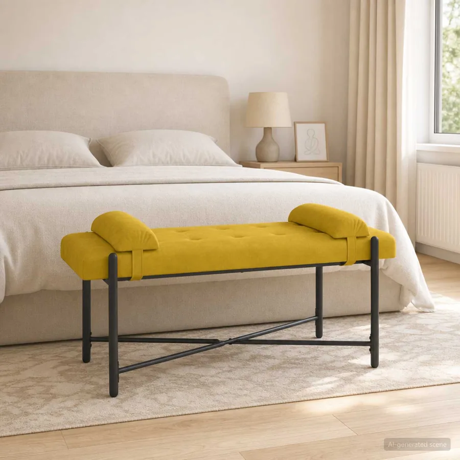 Banc capitonné à boutons avec coussins Jaune 110 x 40 x 46 cm