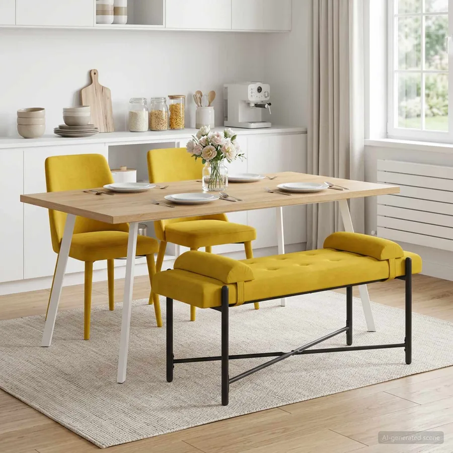 Banc capitonné à boutons avec coussins Jaune 110 x 40 x 46 cm - 4