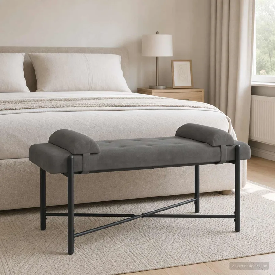 Banc capitonné à boutons avec coussins Gris foncé Velours - 3