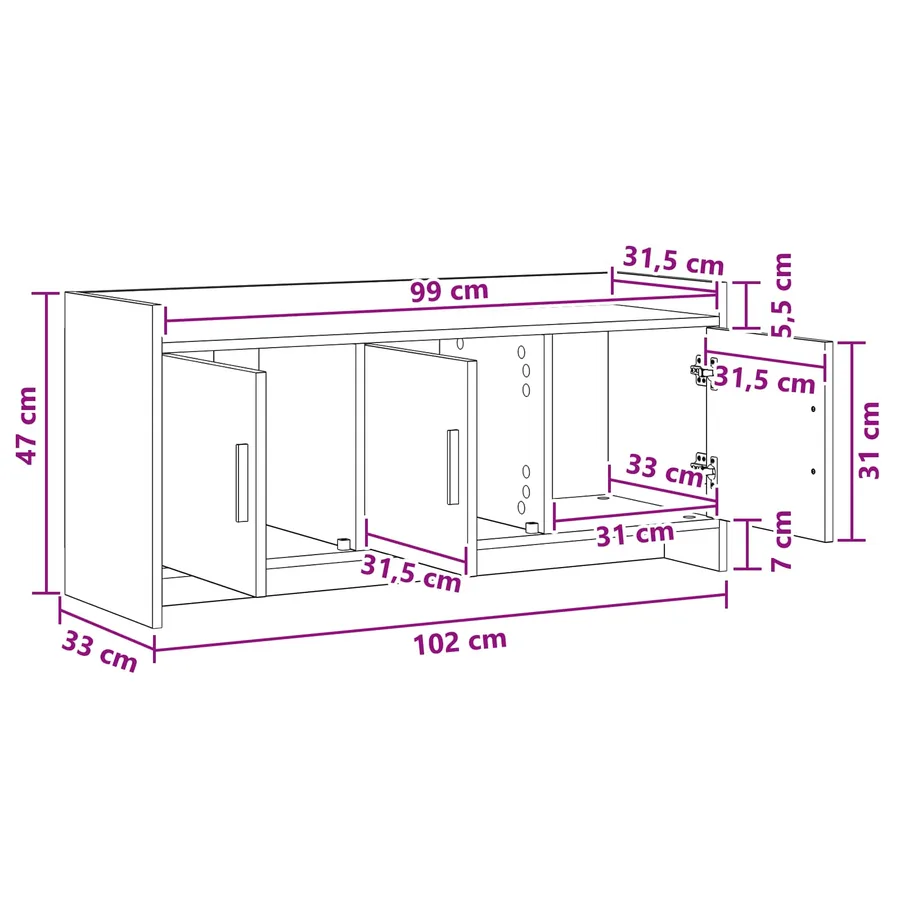 Meuble TV 102 x 33 x 47 cm Blanc Bois d'ingénierie - 10