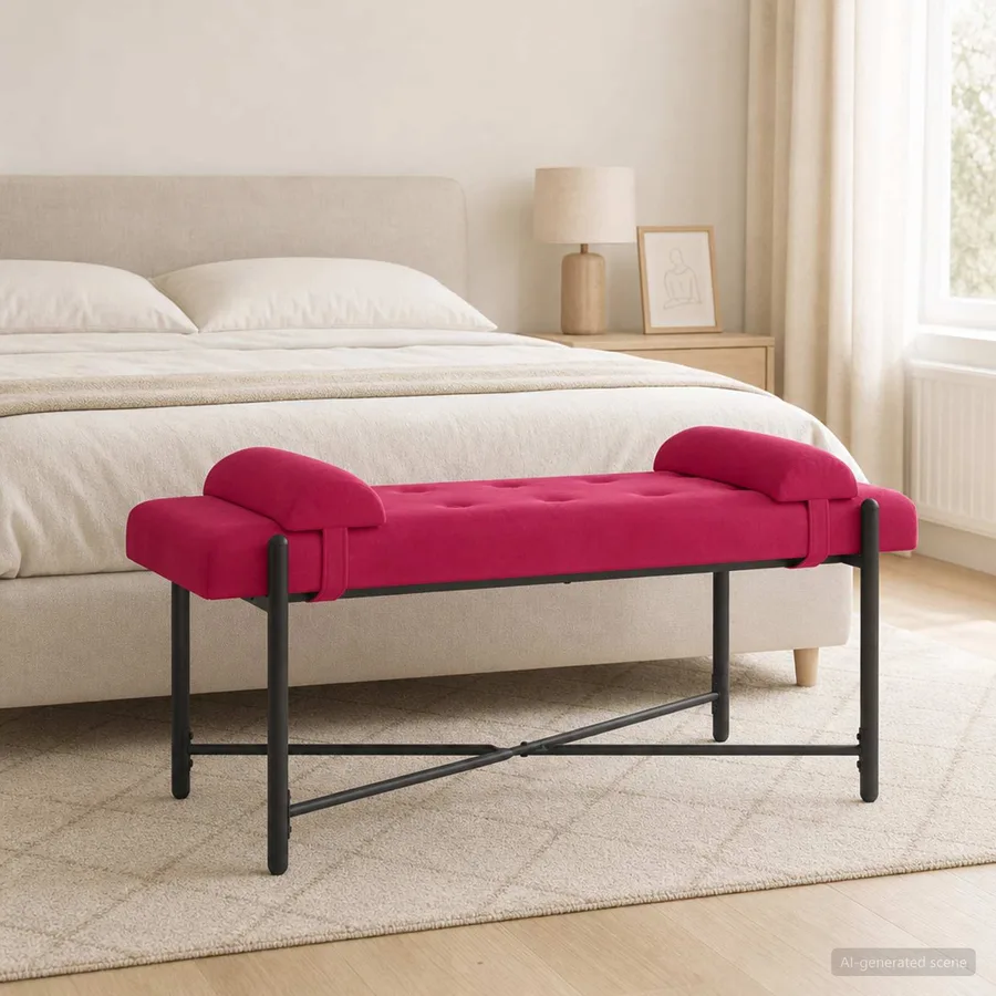 Banc capitonné à boutons avec coussins Bordeaux Velours - 4