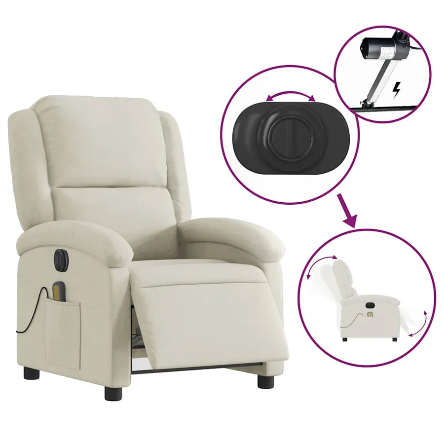 Fauteuil inclinable de massage électrique crème velours - 7