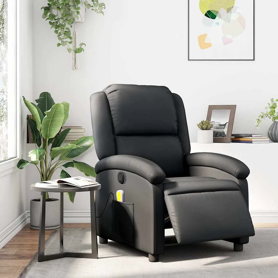 Fauteuil de massage inclinable électrique noir cuir véritable - 15