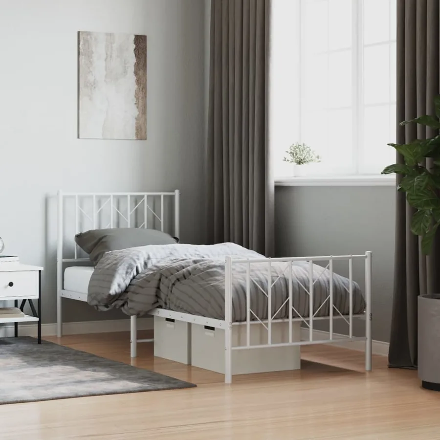 Cadre de lit métal sans matelas avec pied de lit blanc 80x200cm