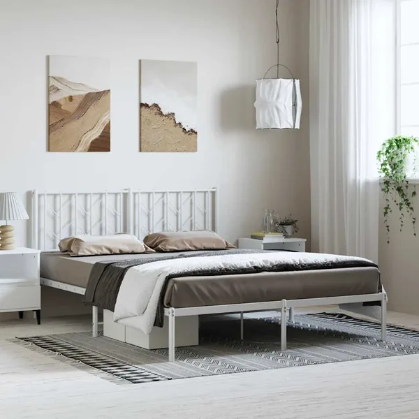 Cadre de lit métal sans matelas et tête de lit blanc 150x200 cm