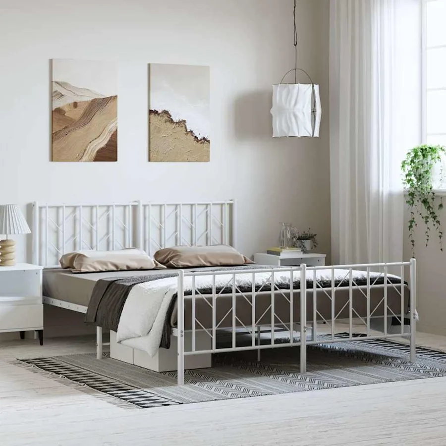 Cadre de lit métal sans matelas et pied de lit blanc 150x200 cm