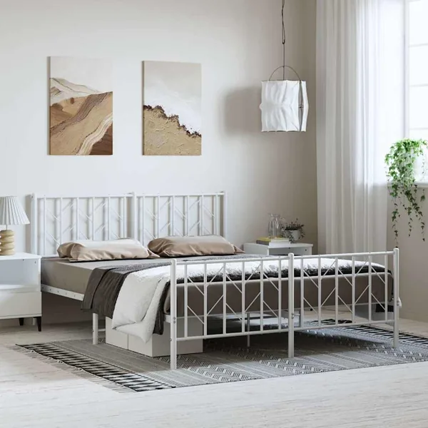 Cadre de lit métal sans matelas et pied de lit blanc 150x200 cm