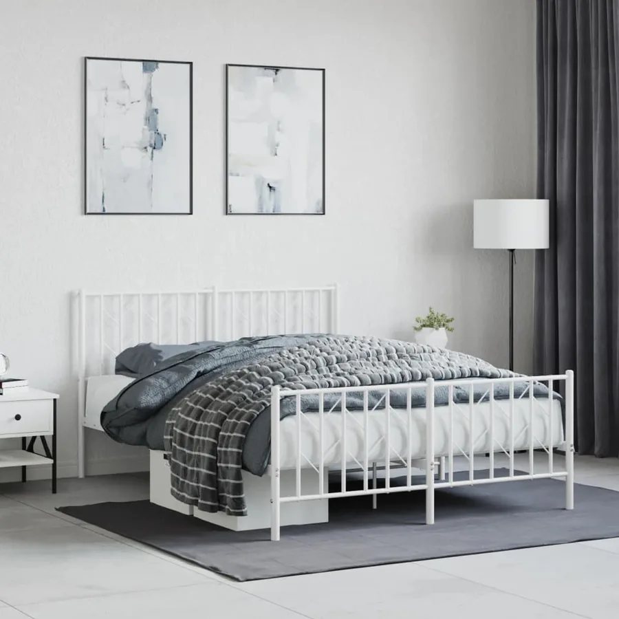 Cadre de lit métal sans matelas et pied de lit blanc 140x190 cm