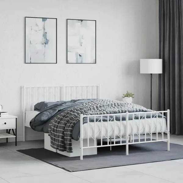 Cadre de lit métal sans matelas et pied de lit blanc 140x190 cm