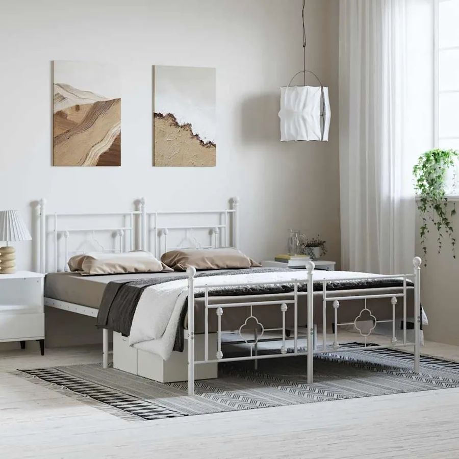 Cadre de lit métal sans matelas et pied de lit blanc 150x200 cm