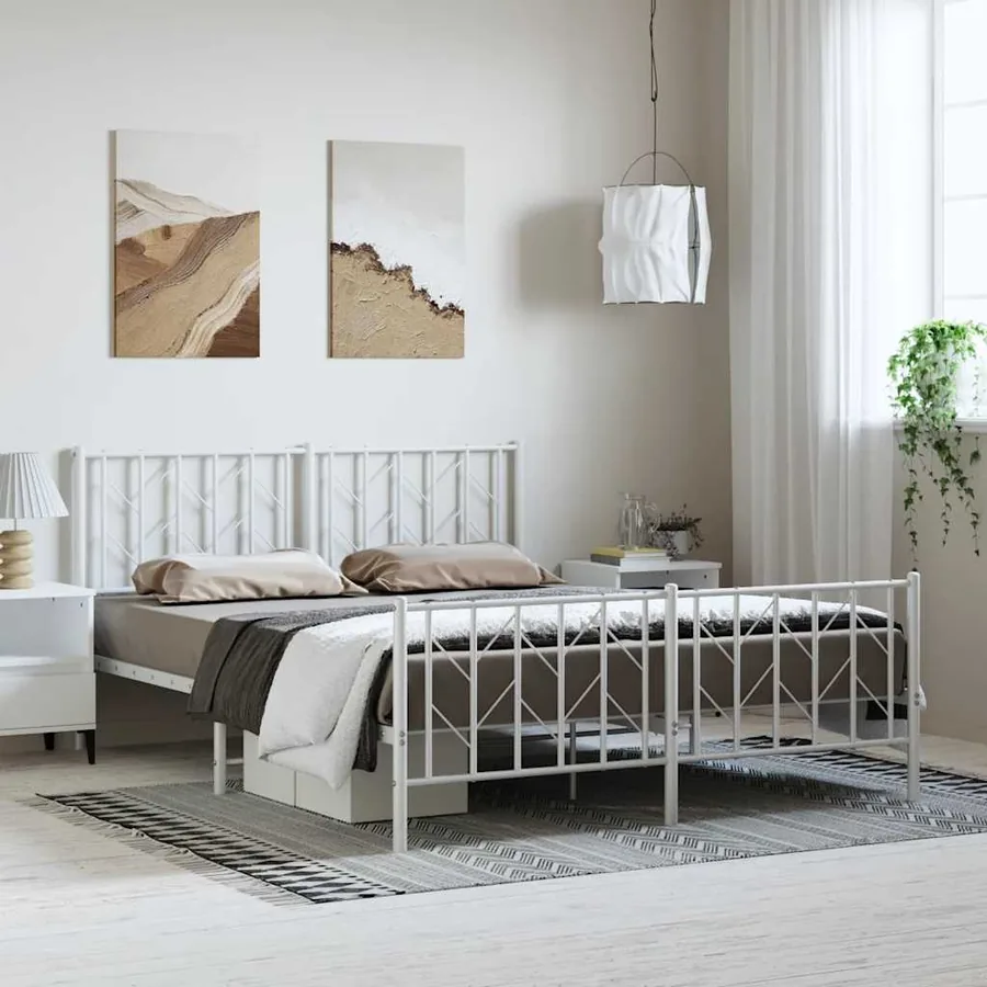 Cadre de lit métal sans matelas et pied de lit blanc 193x203 cm