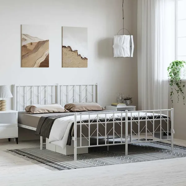 Cadre de lit métal sans matelas et pied de lit blanc 193x203 cm