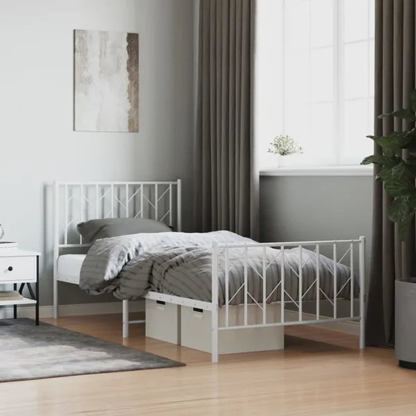 Cadre de lit métal sans matelas avec pied de lit blanc 90x200cm