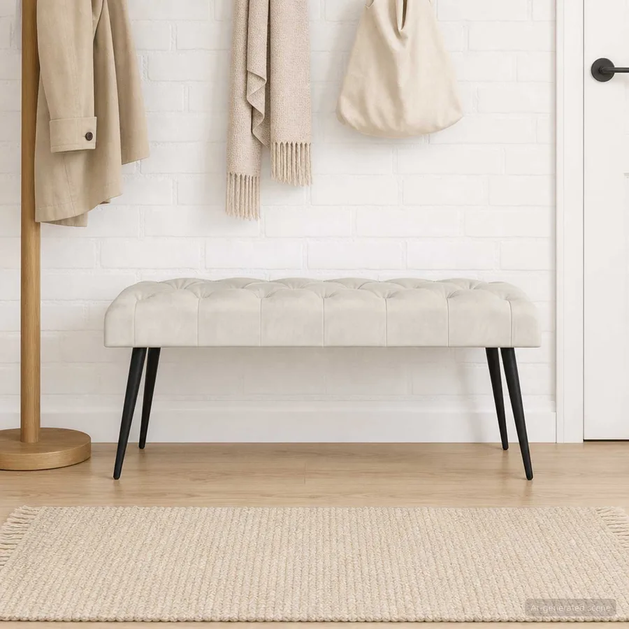 Banc avec capitonnage bouton Crème 110 x 40 x 46 cm Velours - 3