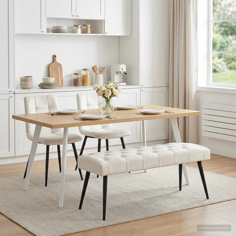 Banc avec capitonnage bouton Crème 110 x 40 x 46 cm Velours - 4