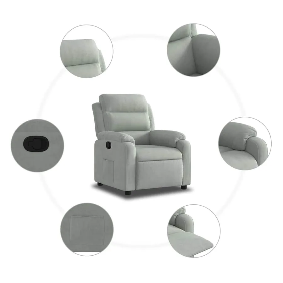 Fauteuil inclinable gris clair velours - 5