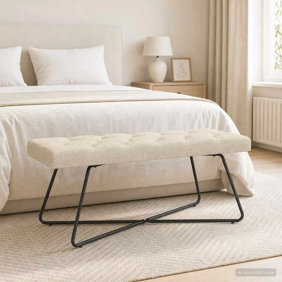Banc avec capitonnage bouton Crème 110 x 40 x 46 cm Tissu - 3