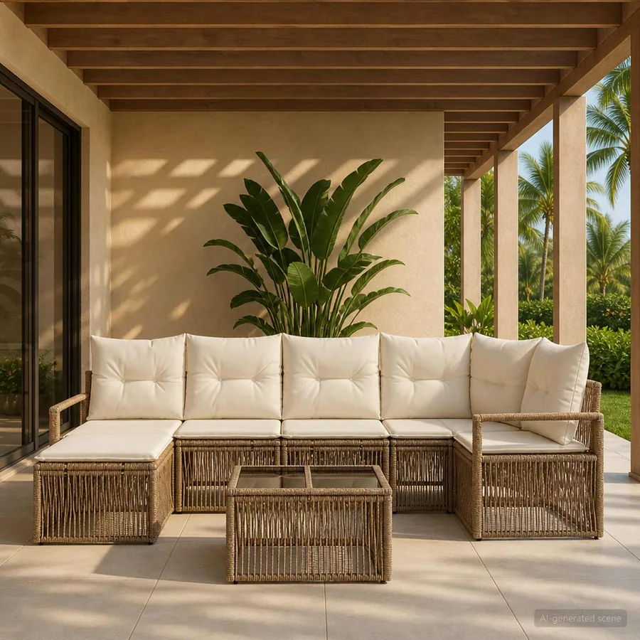 Ensemble de canapé de jardin 7 pcs Beige polyrotin