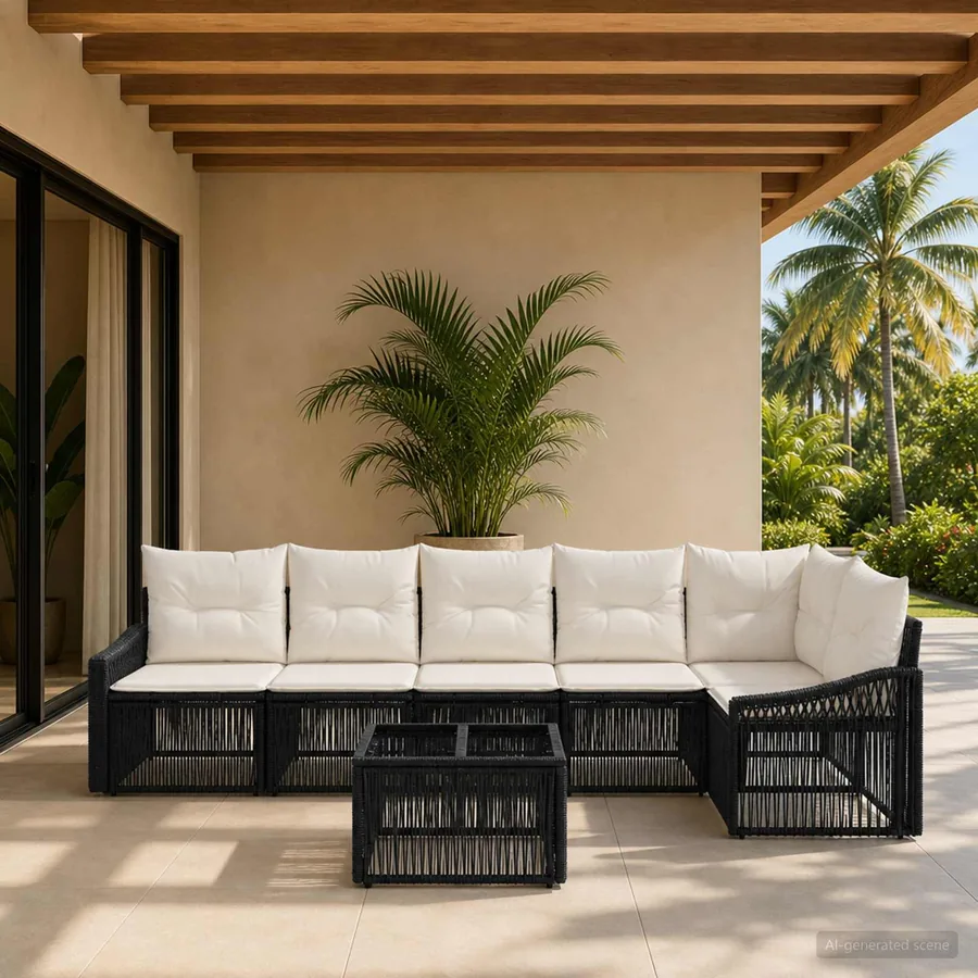 Ensemble de canapé de jardin 7 pcs Noir polyrotin
