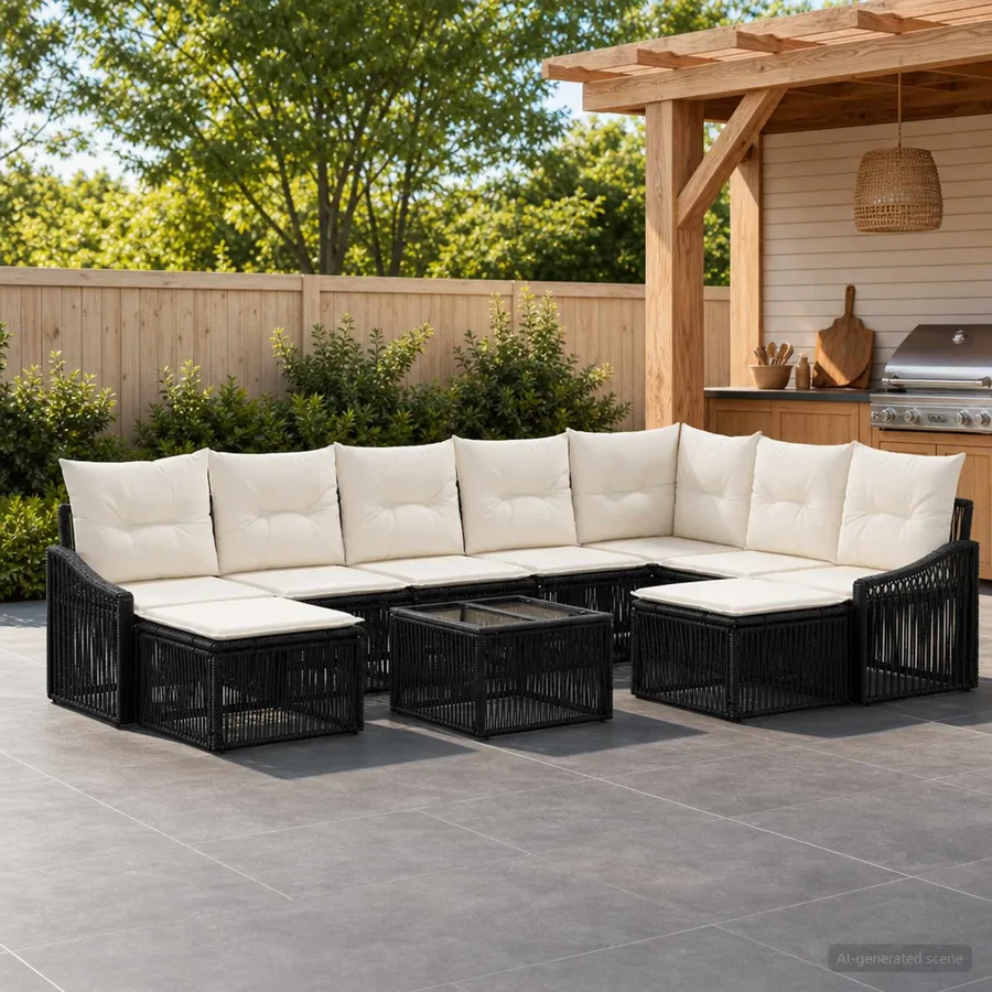Ensemble de canapé de jardin 10 pcs Noir polyrotin - 3