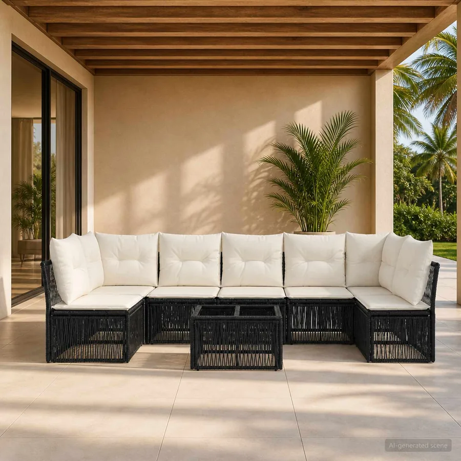 Ensemble de canapé de jardin 8 pcs Noir polyrotin