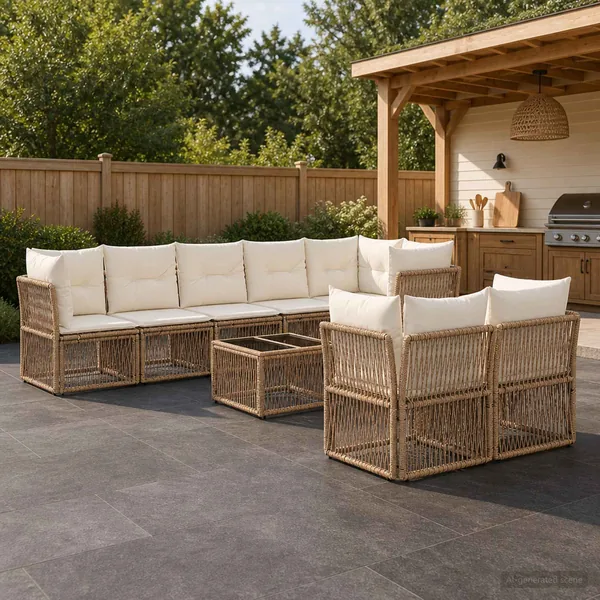 Ensemble de canapé de jardin 9 pcs Beige polyrotin