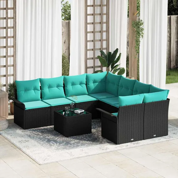 Ensemble de canapé de jardin 9 pcs Noir et turquoise polyrotin