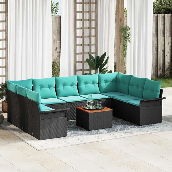Ensemble de canapé de jardin 10 pcs Noir et turquoise polyrotin