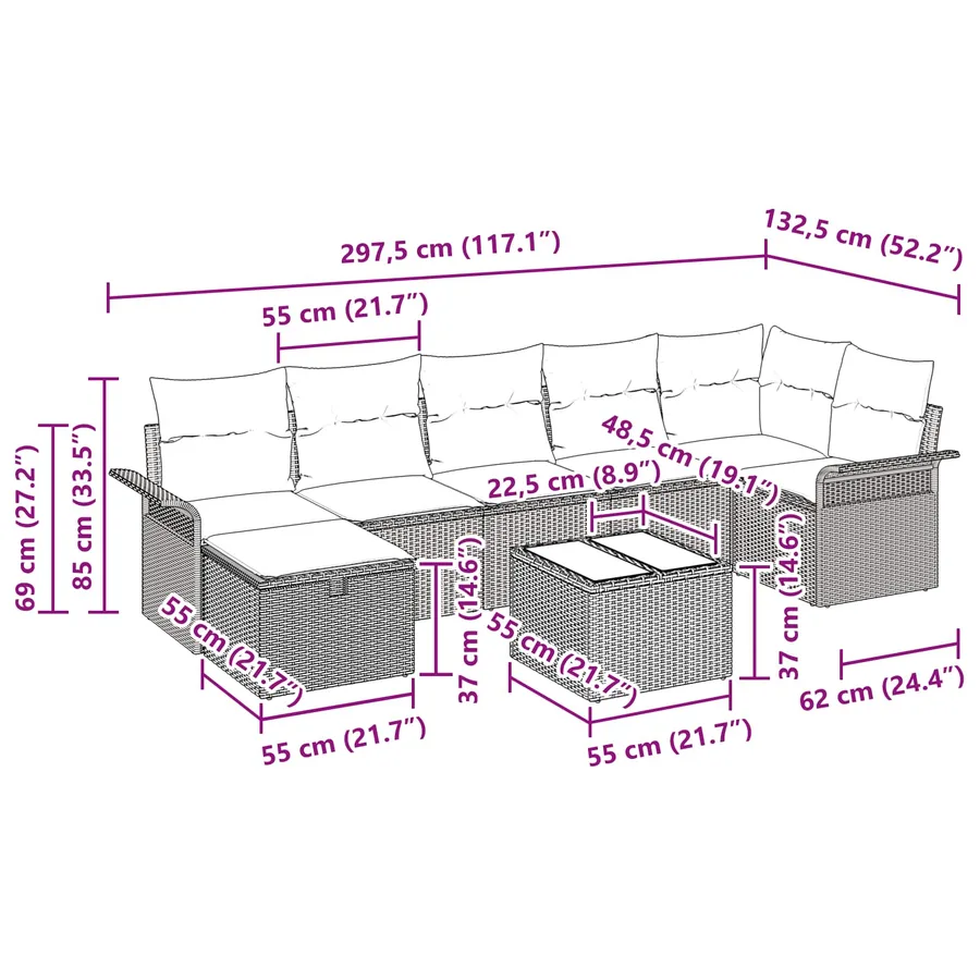 Ensemble de canapé de jardin avec coussin 8 pcs Poly rotin - 15