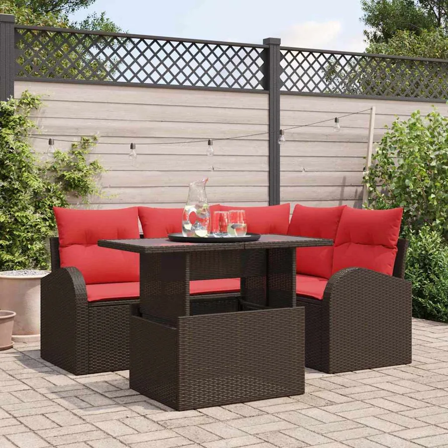 Ensemble de canapé de jardin 5 pcs Marron et rouge polyrotin