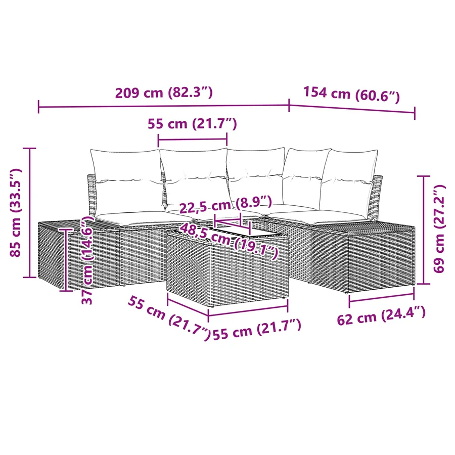 Ensemble de canapé de jardin 5 pcs Marron polyrotin - 9