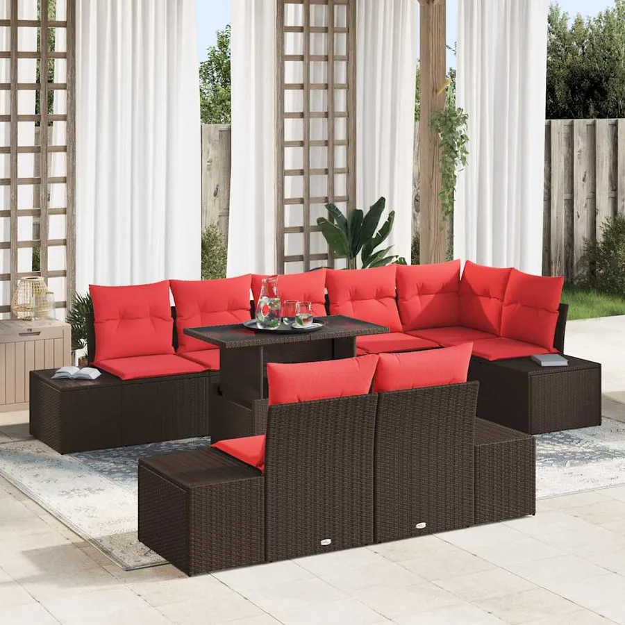 Ensemble de canapé de jardin 9 pcs Marron et rouge polyrotin