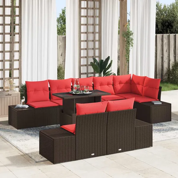 Ensemble de canapé de jardin 9 pcs Marron et rouge polyrotin