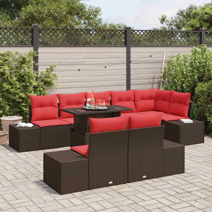 Ensemble de canapé de jardin 9 pcs Marron et rouge polyrotin - 3