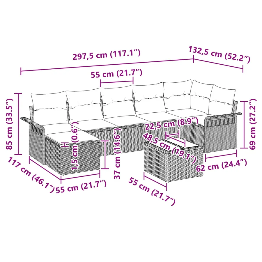 Ensemble de canapé de jardin 8 pcs Marron Poly rotin - 15
