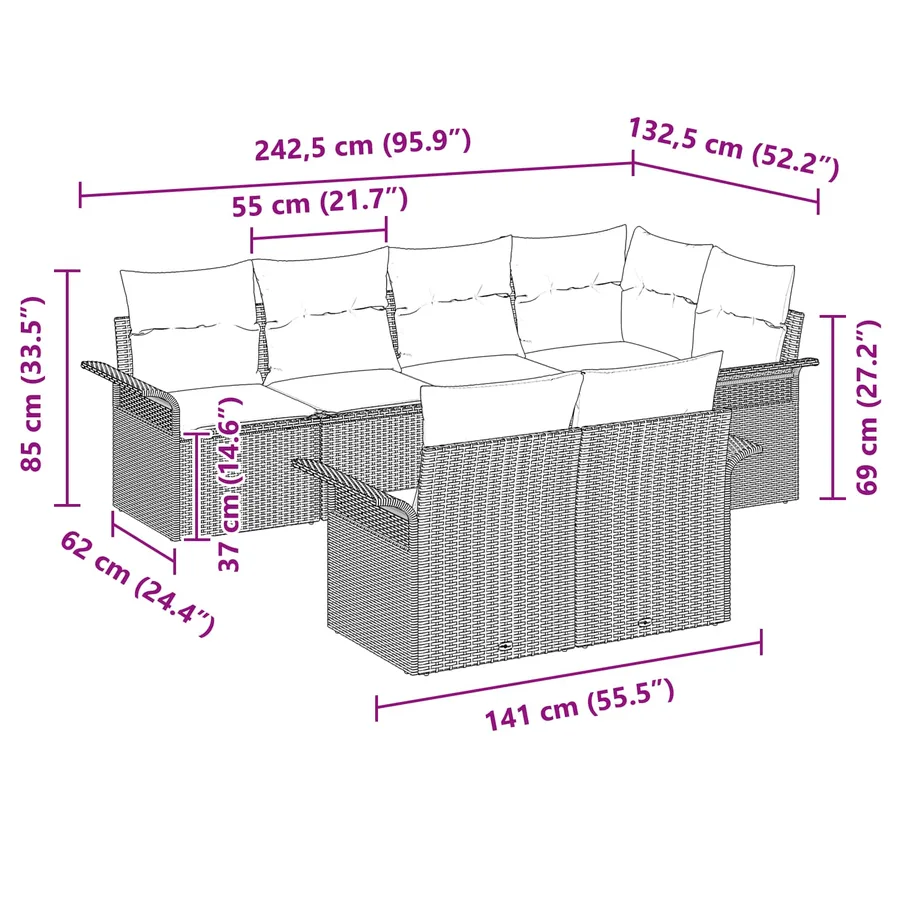 Ensemble de canapé de jardin avec coussin 7 pcs Gris polyrotin - 11