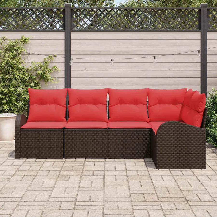 Ensemble de canapé de jardin 5 pcs Marron et rouge polyrotin - 3