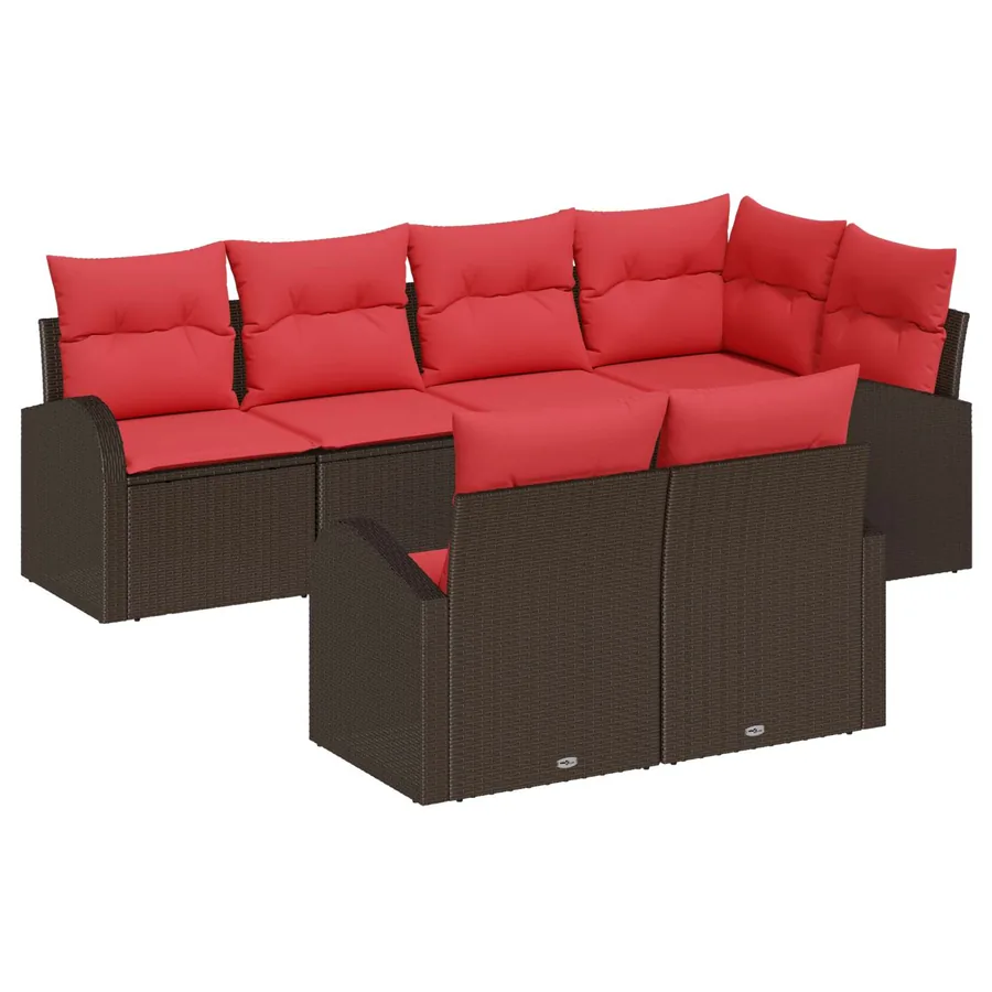 Ensemble de canapé de jardin 7 pcs Marron et rouge polyrotin - 2