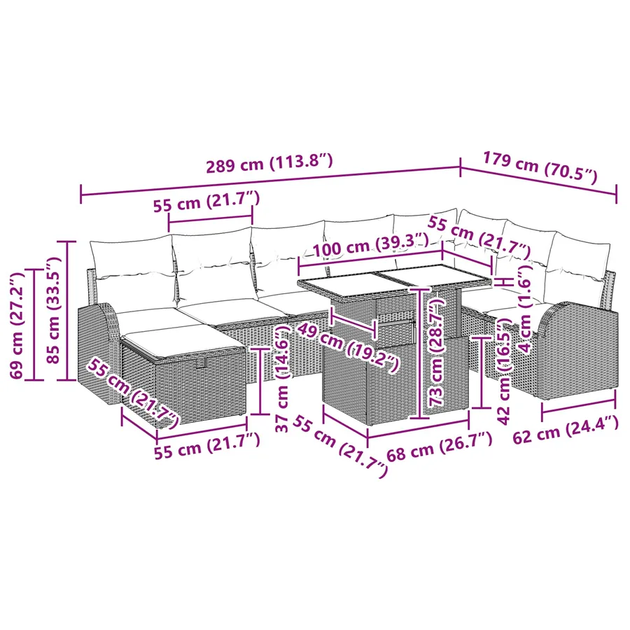 Ensemble de canapé de jardin 9 pcs Marron Poly rotin - 15
