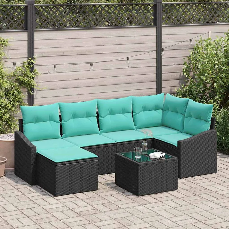 Ensemble de Canapés avec coussin 7 pcs Noir polyrotin