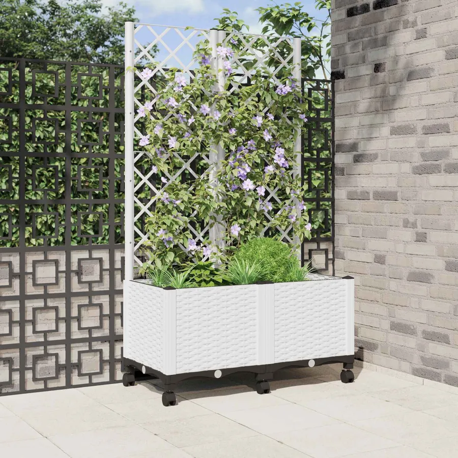 Bac de jardin avec treillis et roues Blanc 80 x 40 x 146 cm PP