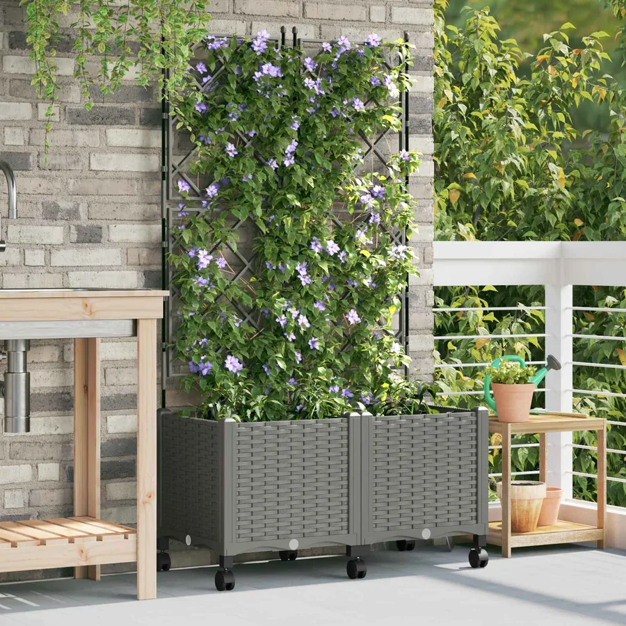 Bac de jardin avec treillis et roues 2 pc Gris clair PP