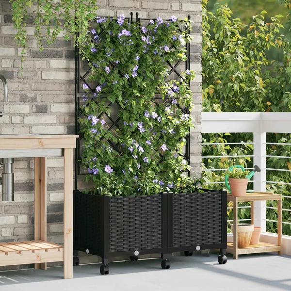 Bac de jardin avec treillis et roues 2 pc Noir 80 x 40 x 149 cm