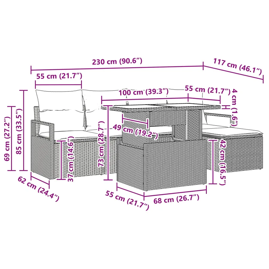 Ensemble de canapé de jardin 6 pcs Marron Poly rotin - 15