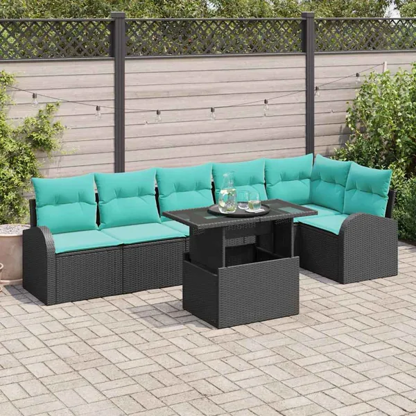 Ensemble de canapé de jardin avec coussin 7 pcs Noir Poly rotin