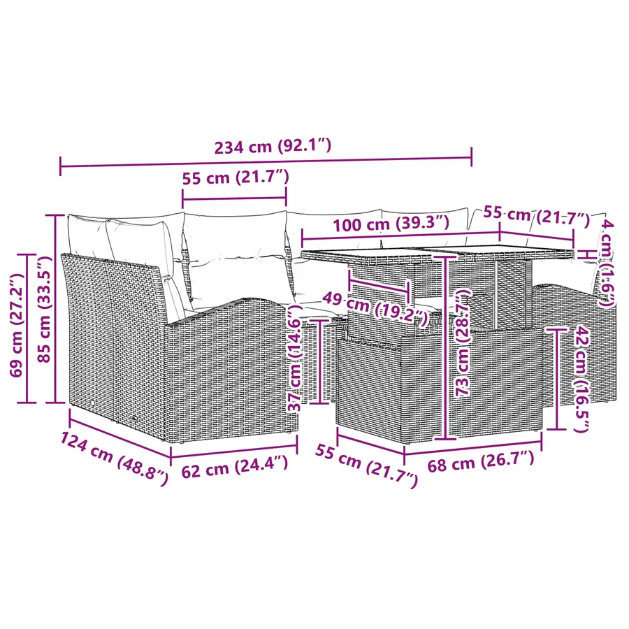 Ensemble de canapé de jardin avec coussin 7 pcs Noir Poly rotin - 15
