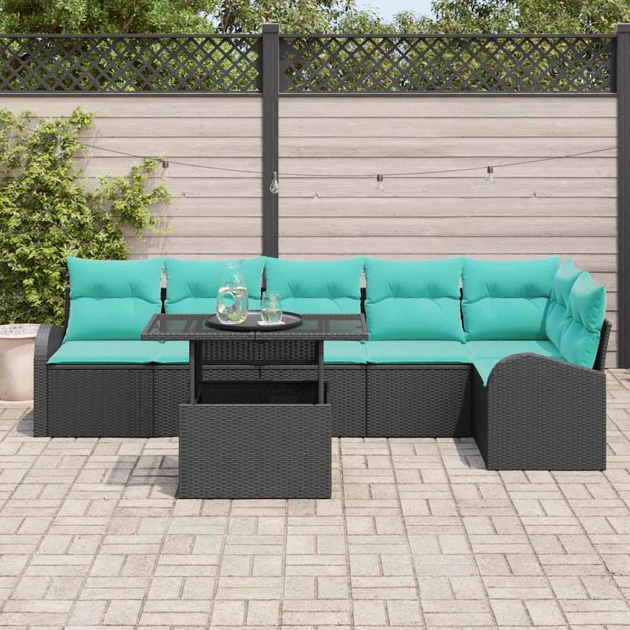 Ensemble de canapé de jardin avec coussin 7 pcs Noir Poly rotin - 3