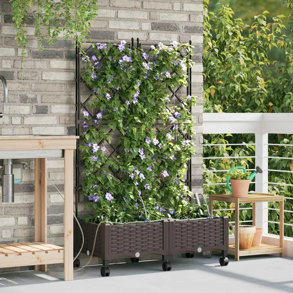 Porte-plante de jardin avec irrigation et roues 2 pc Marron PP