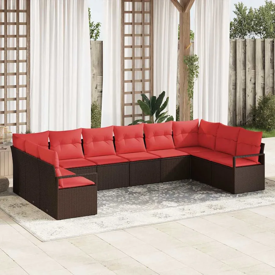 Ensemble de canapé de jardin 10 pcs Marron et rouge polyrotin